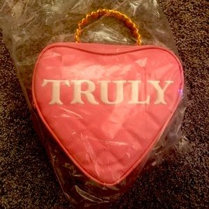 Truly Heart-Shaped Beauty Bag with Gold Toned Zipper and Gold Braided Handle